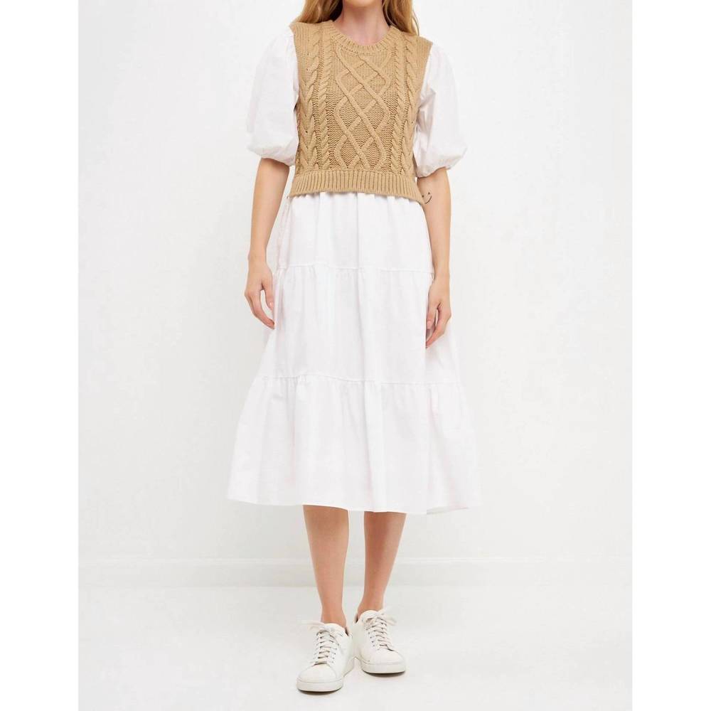 NEW 2.7 AUGUST APPAREL swati cable knit dress in white/camel